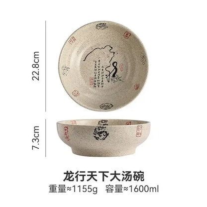 Retro beige ceramic ramen noodle bowl dining room blue fish pattern