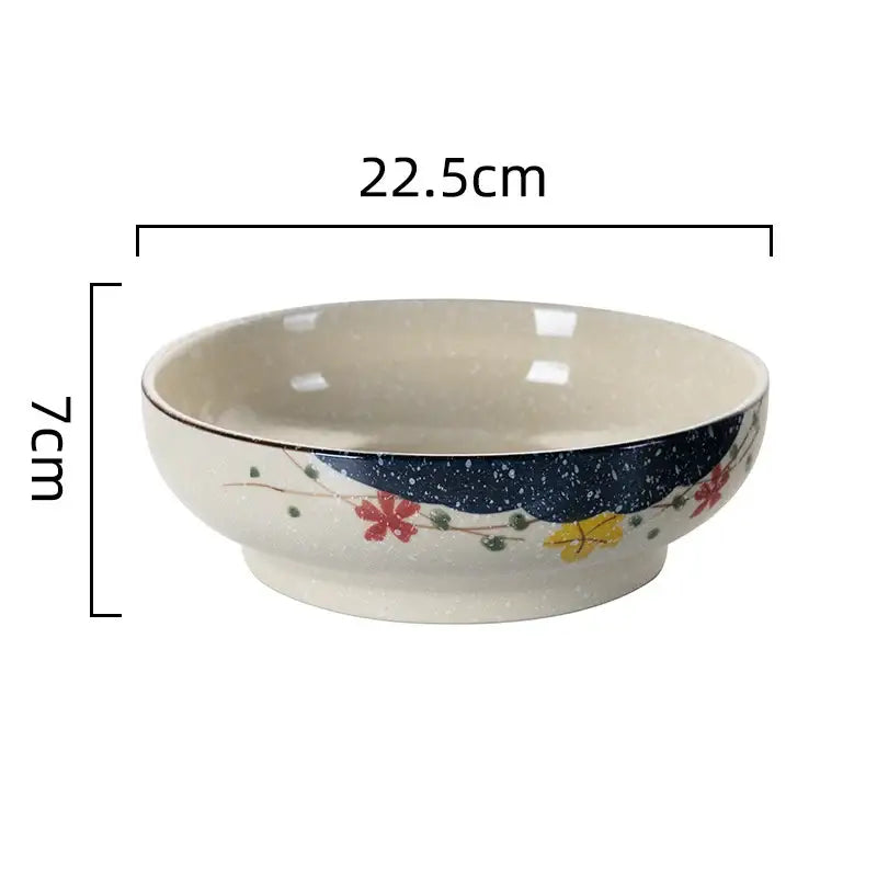 Retro beige ceramic ramen noodle bowl dining room blue fish pattern