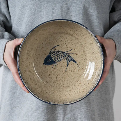 Retro beige ceramic ramen noodle bowl dining room blue fish pattern