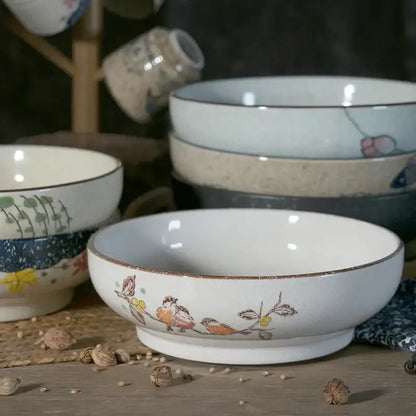 Retro beige ceramic ramen noodle bowl dining room blue fish pattern