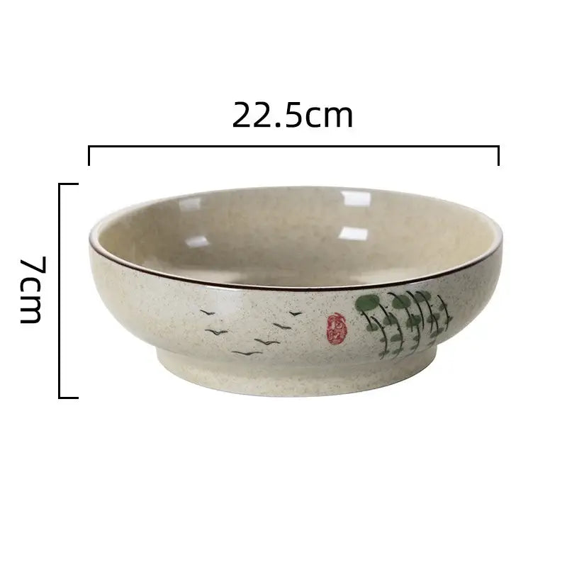 Retro beige ceramic ramen noodle bowl dining room blue fish pattern