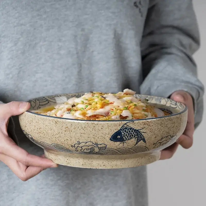Retro beige ceramic ramen noodle bowl dining room blue fish pattern