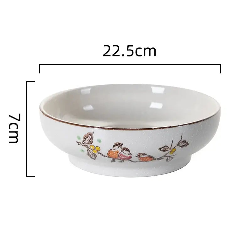 Retro beige ceramic ramen noodle bowl dining room blue fish pattern