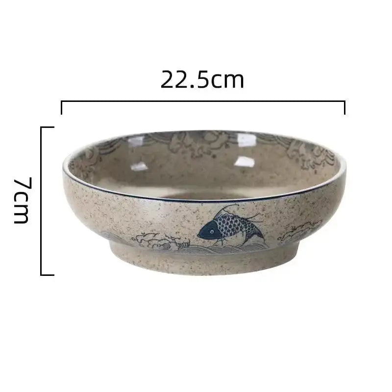 Retro beige ceramic ramen noodle bowl dining room blue fish pattern