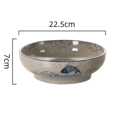Retro beige ceramic ramen noodle bowl dining room blue fish pattern