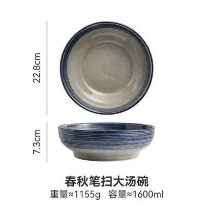 Retro beige ceramic ramen noodle bowl dining room blue fish pattern