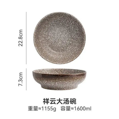 Retro beige ceramic ramen noodle bowl dining room blue fish pattern