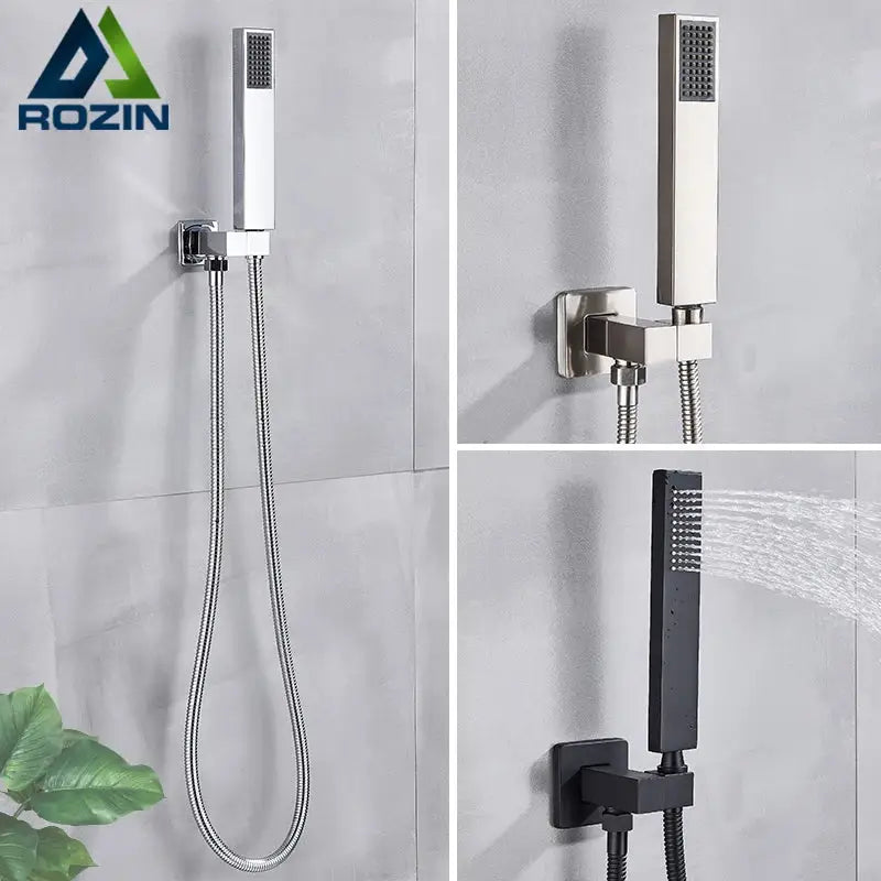 Modern rectangular brushed nickel & matte black abs plastic hand shower