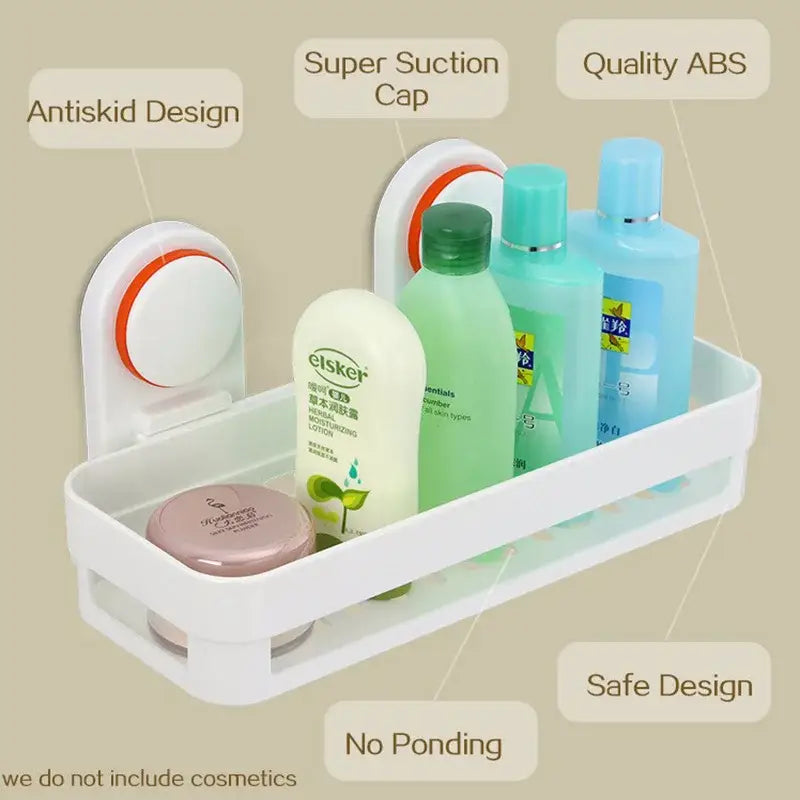 White and orange suction cup bathroom shelf storage rack