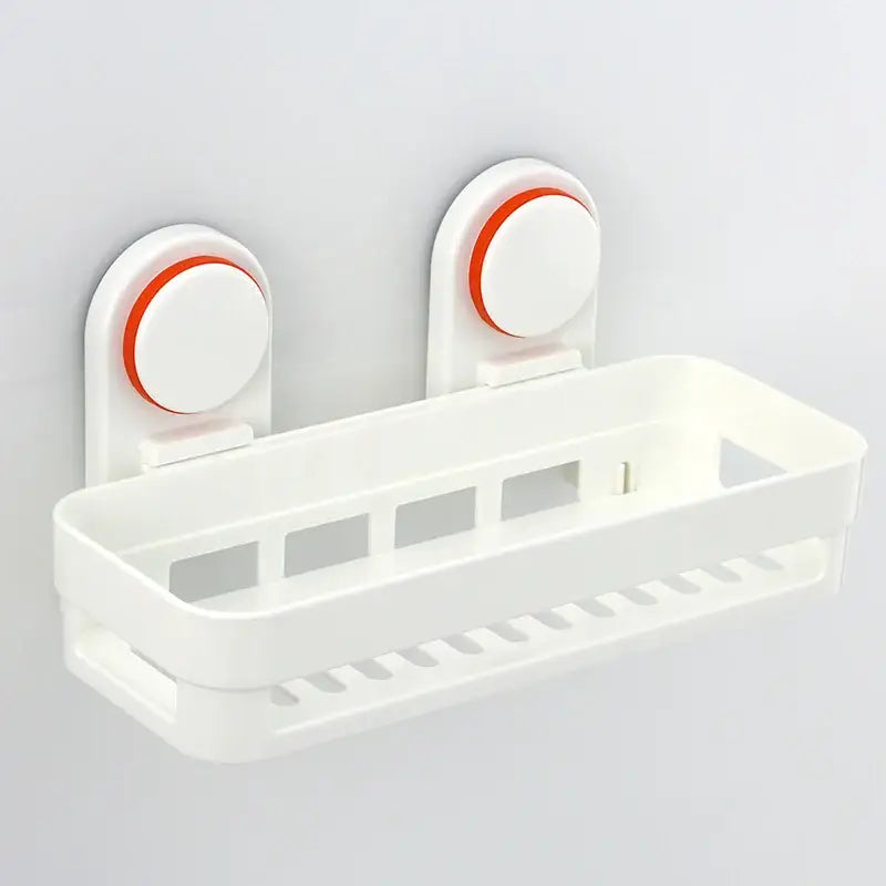 White and orange suction cup bathroom shelf storage rack