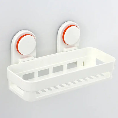White and orange suction cup bathroom shelf storage rack
