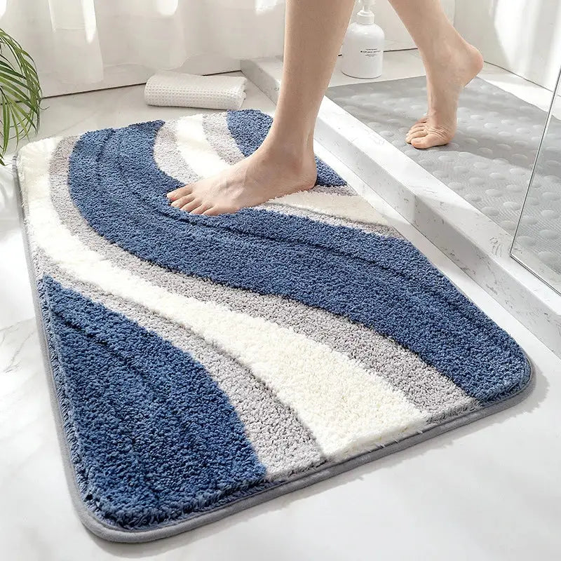Blue gray & white striped absorbent water bathroom mat