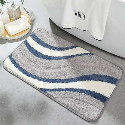 Blue gray & white striped absorbent water bathroom mat