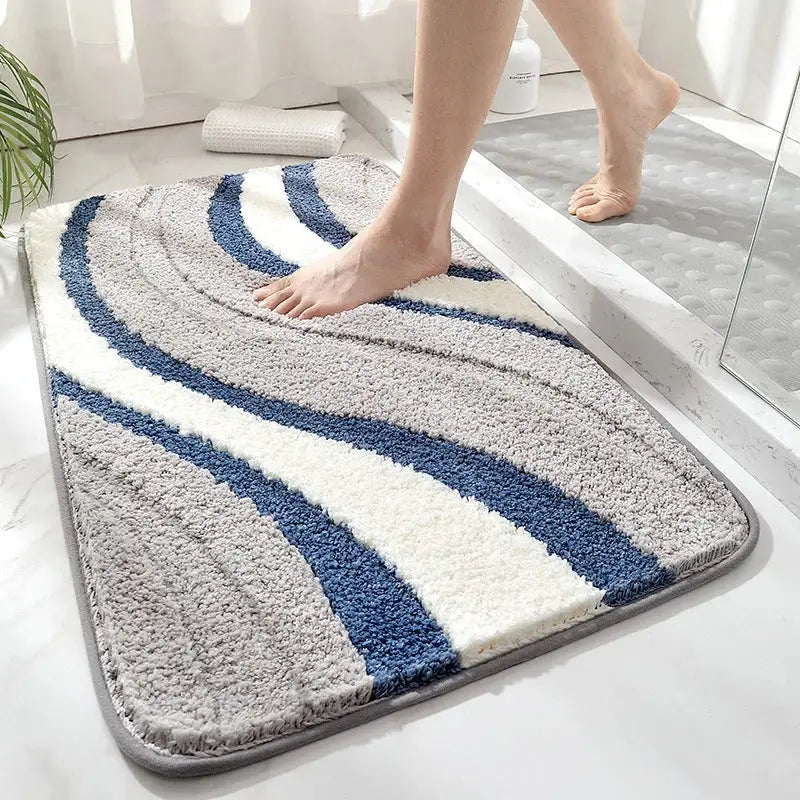 Blue gray & white striped absorbent water bathroom mat