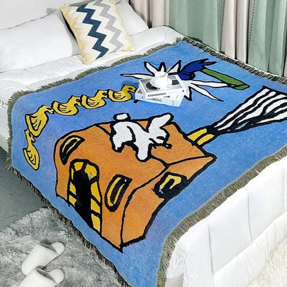 Abstract aesthetic tapestry sofa blanket blue & orange living room throw