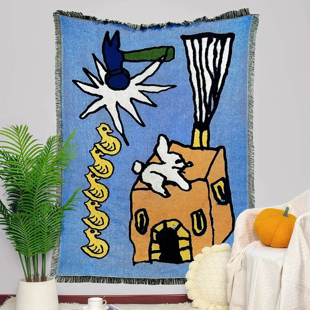 Abstract aesthetic tapestry sofa blanket blue & orange living room throw