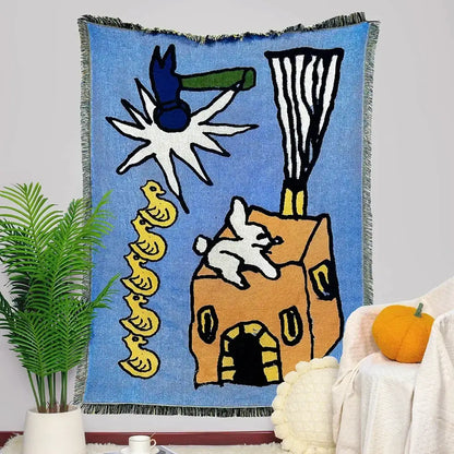 Abstract aesthetic tapestry sofa blanket blue & orange living room throw