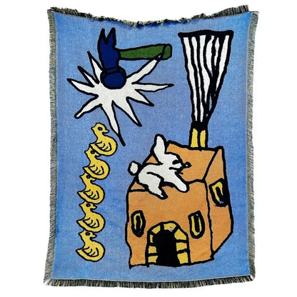 Abstract aesthetic tapestry sofa blanket blue & orange living room throw