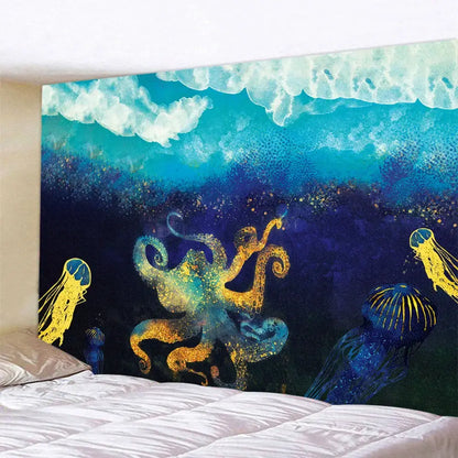 Abstract whale turquoise & gold animal tapestry wall hanging bedroom