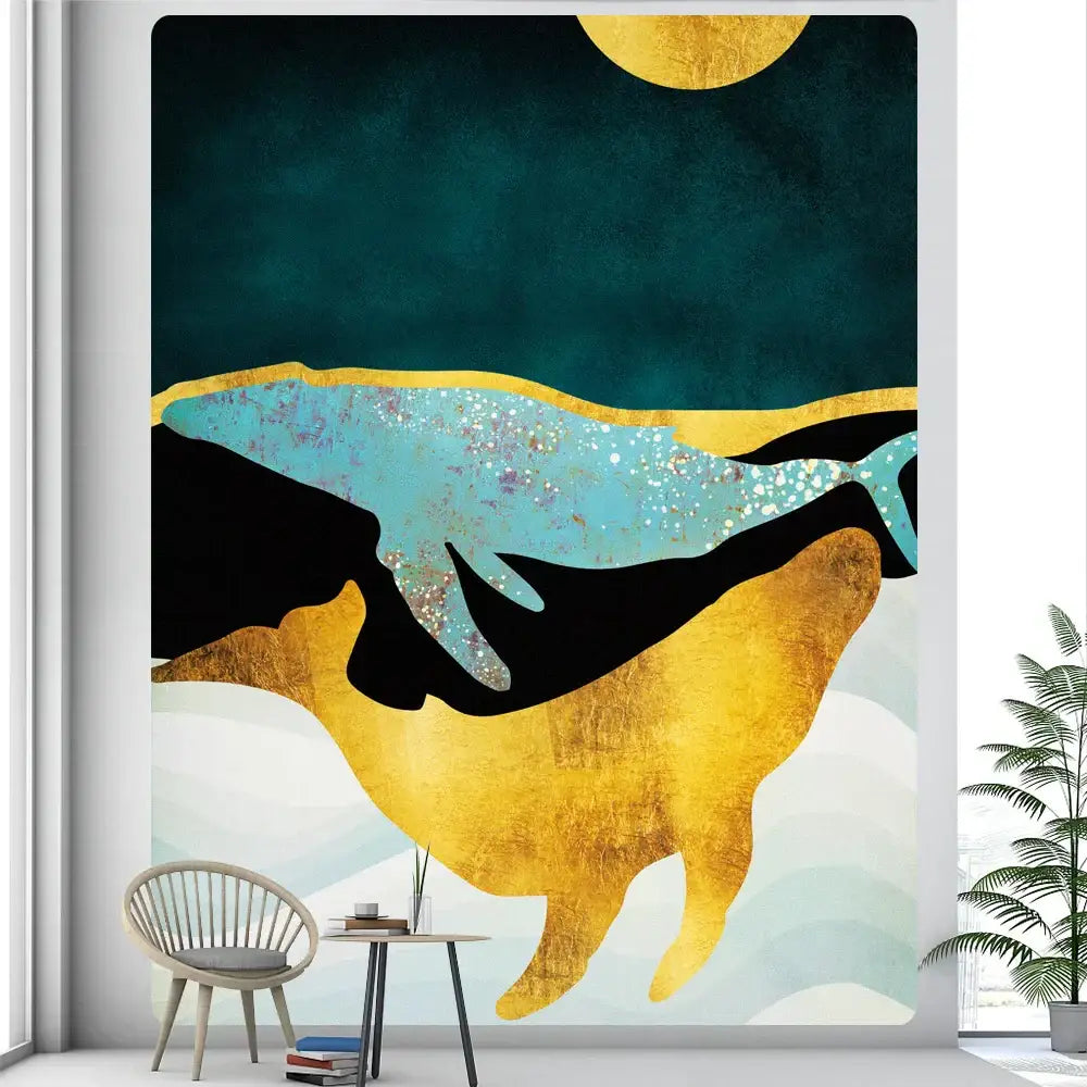 Abstract whale turquoise & gold animal tapestry wall hanging bedroom