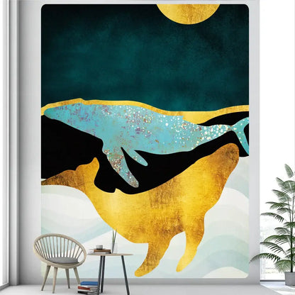 Abstract whale turquoise & gold animal tapestry wall hanging bedroom
