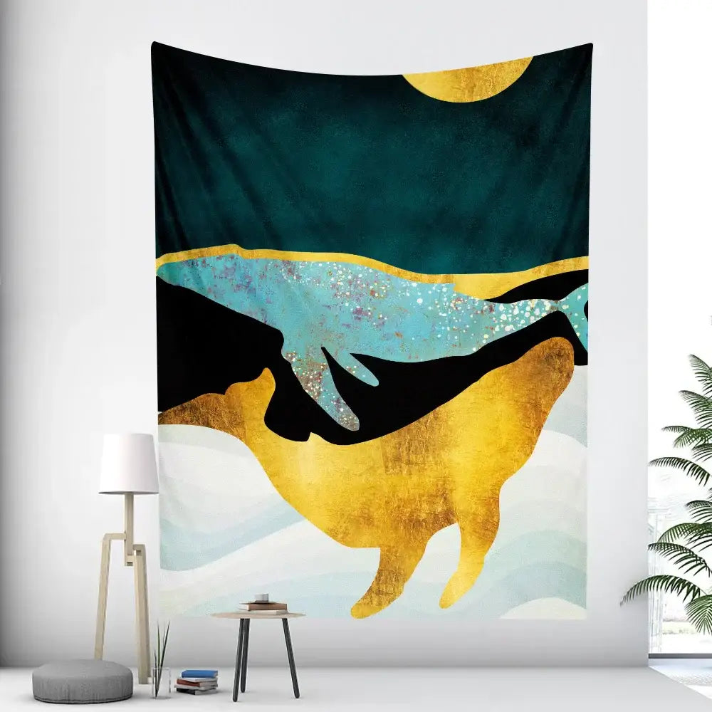 Abstract whale turquoise & gold animal tapestry wall hanging bedroom