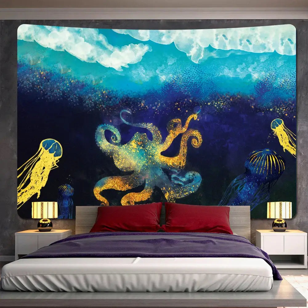 Abstract whale turquoise & gold animal tapestry wall hanging bedroom