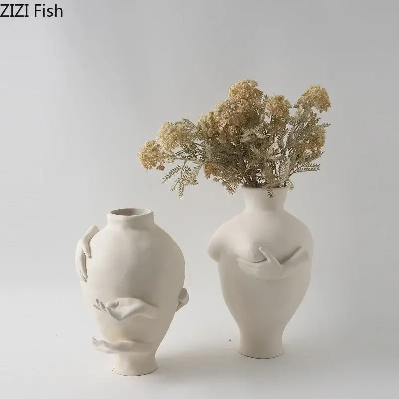 Abstract art ceramic vase sculpted cream hands bedroom decor