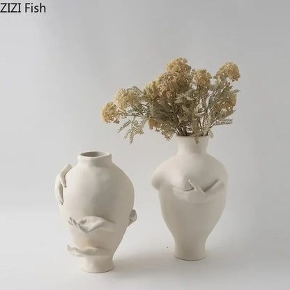 Abstract art ceramic vase sculpted cream hands bedroom decor