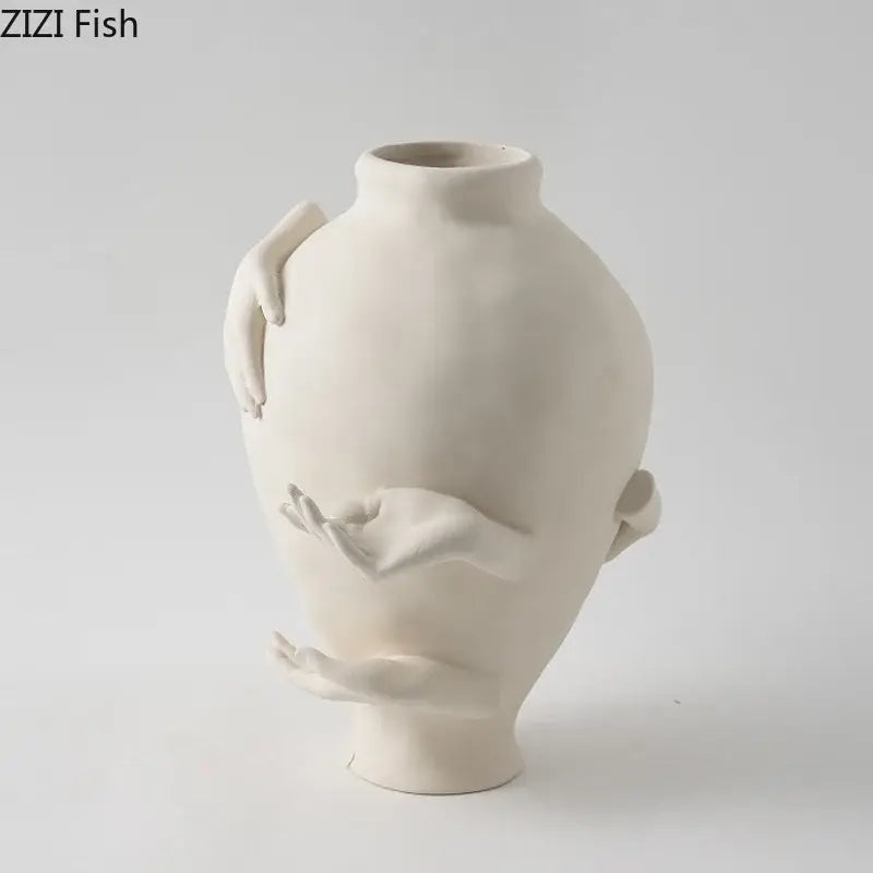 Abstract art ceramic vase sculpted cream hands bedroom decor