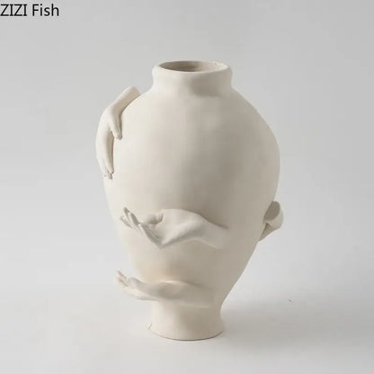 Abstract art ceramic vase sculpted cream hands bedroom decor