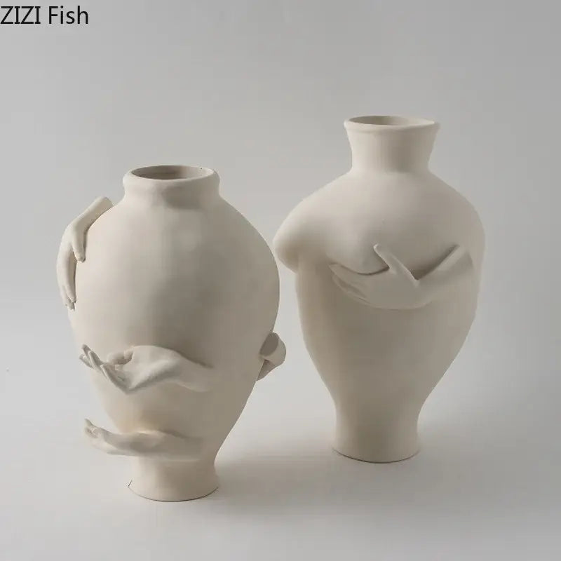 Abstract art ceramic vase sculpted cream hands bedroom decor