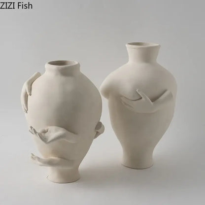Abstract art ceramic vase sculpted cream hands bedroom decor
