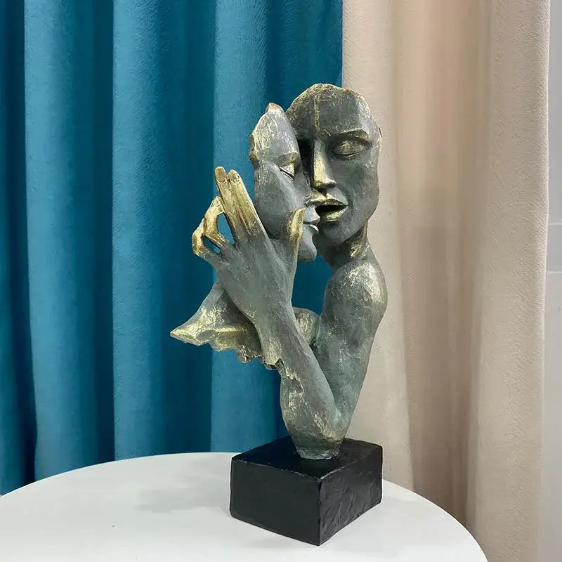 Abstract bronze & gold art couple mask statue – living room decor