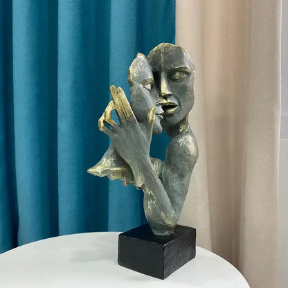 Abstract bronze & gold art couple mask statue – living room decor