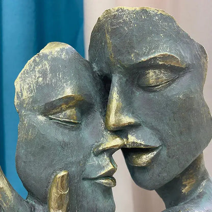 Abstract bronze & gold art couple mask statue – living room decor