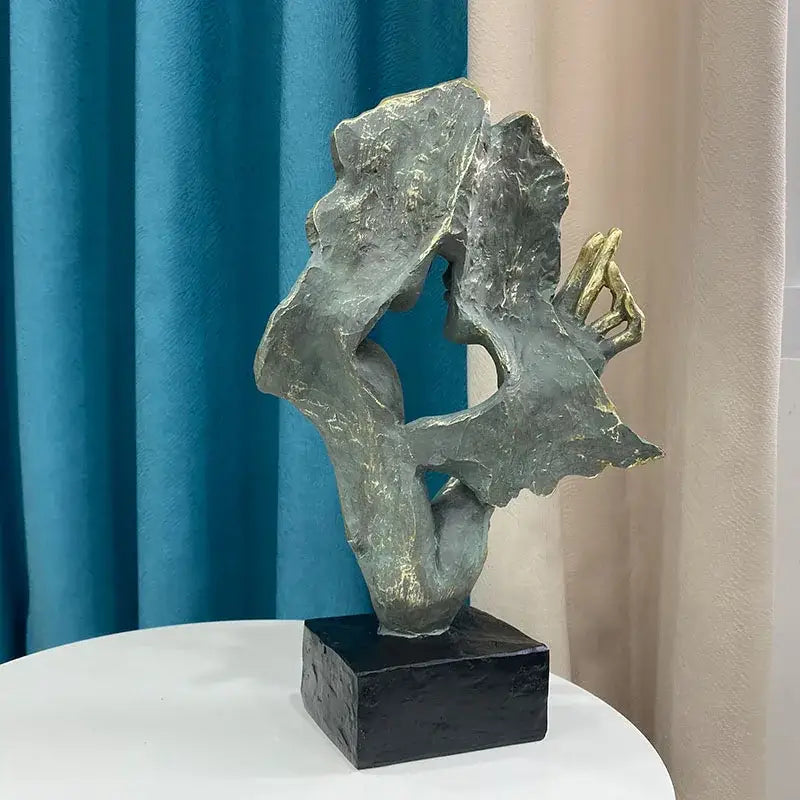 Abstract bronze & gold art couple mask statue – living room decor