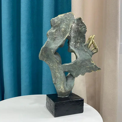 Abstract bronze & gold art couple mask statue – living room decor