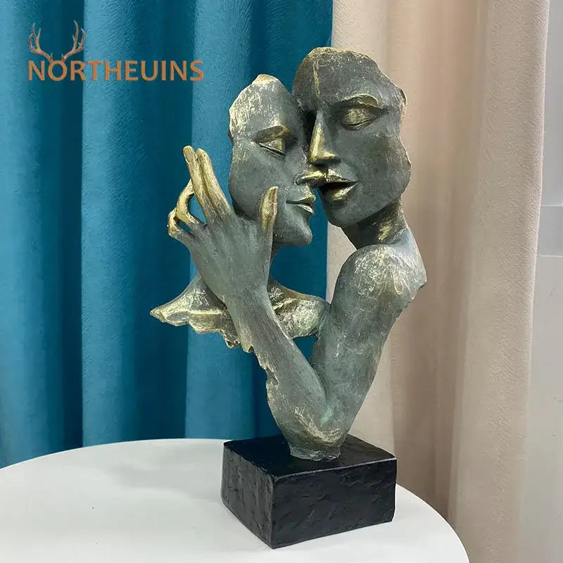Abstract bronze & gold art couple mask statue – living room decor