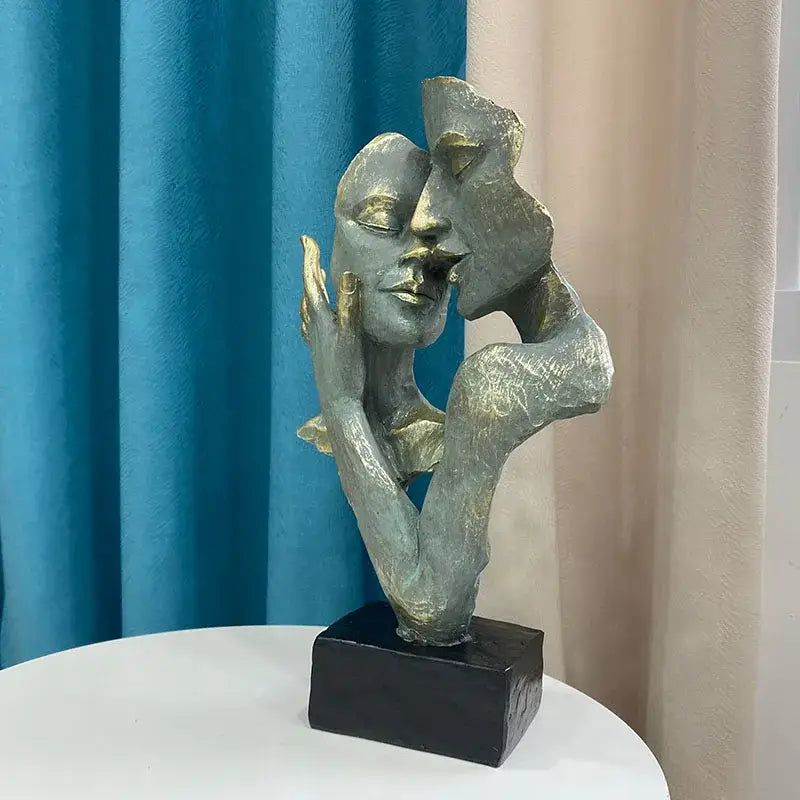 Abstract bronze & gold art couple mask statue – living room decor