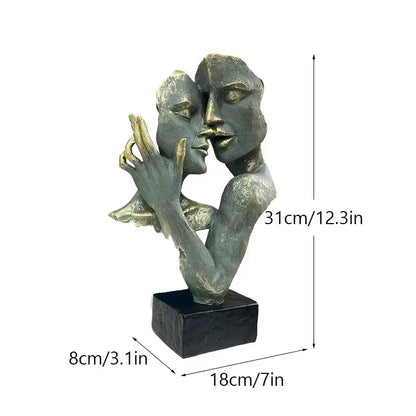 Abstract bronze & gold art couple mask statue – living room decor