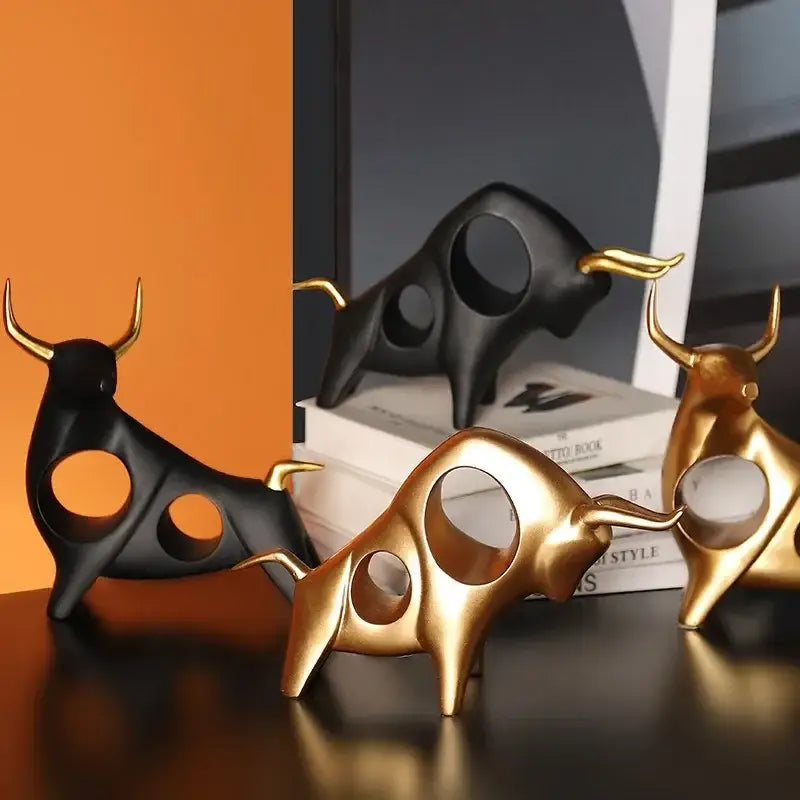 Modern black & gold abstract bull sculpture living room decor
