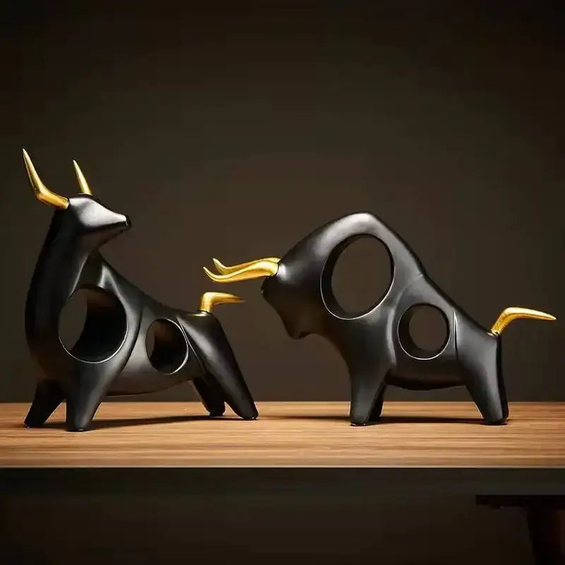 Modern black & gold abstract bull sculpture living room decor