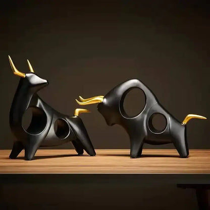 Modern black & gold abstract bull sculpture living room decor
