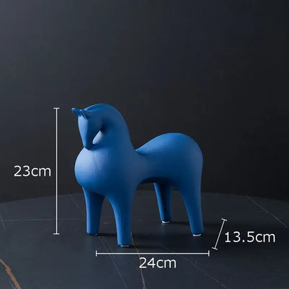 Minimalist matte blue abstract ceramic horse sculpture living room