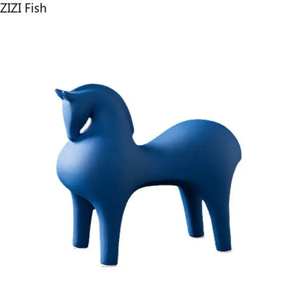 Minimalist matte blue abstract ceramic horse sculpture living room