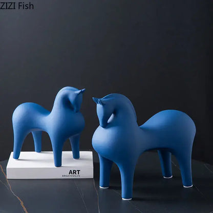 Minimalist matte blue abstract ceramic horse sculpture living room