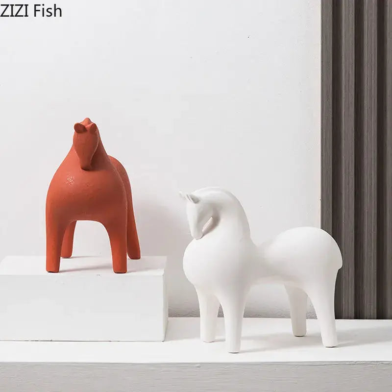 Minimalist matte blue abstract ceramic horse sculpture living room