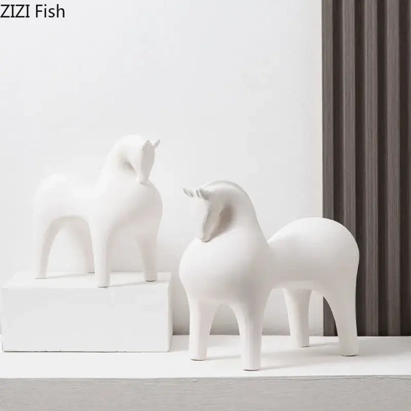 Minimalist matte blue abstract ceramic horse sculpture living room