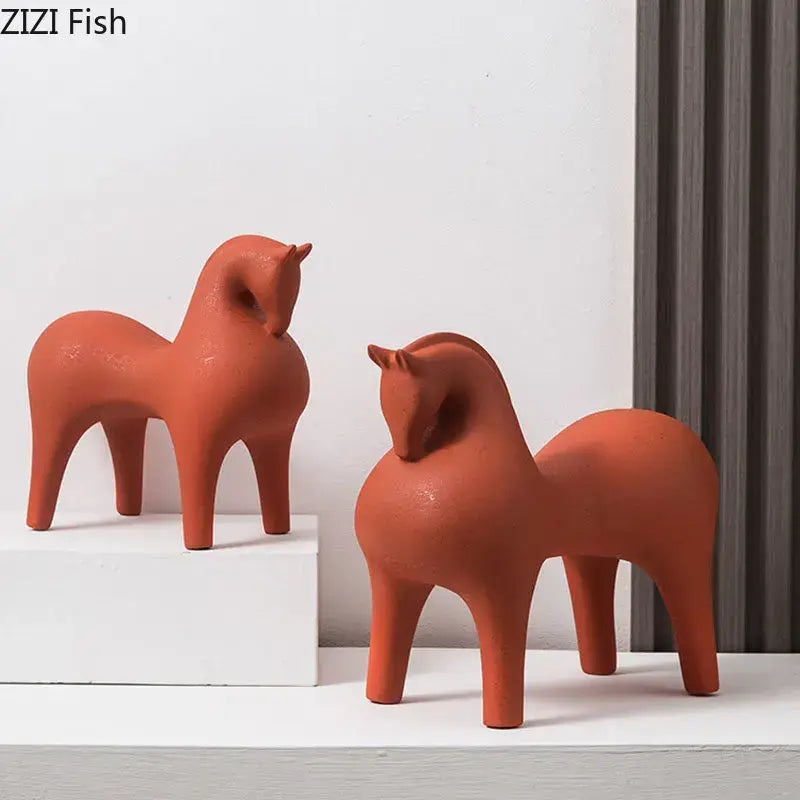 Minimalist matte blue abstract ceramic horse sculpture living room